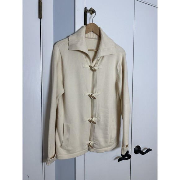 LL Bean Collared Toggle Button Cardigan Sweater Size Large Cotton Cream - Picture 5 of 5